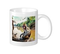 Scimmia - Set di 1 tazza stampata paesaggio natura fiume albero pianta botanica bonsai animali selvatici marrone verde giallo ceramica decorativa leggera all'aperto scuola campeggio tazza da tè a
