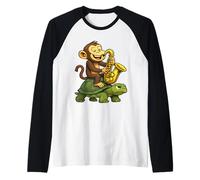 Scimmia Suona Sassofono Equitazione Una Tartaruga Maglia con Maniche Raglan