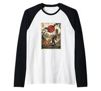 Scimmia Tira Scimmia Ukiyo-e Giappone Sole Rosso Arte Vintage Maglia con Maniche Raglan