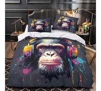 Scimpanzé con le cuffie Set Di Copripiumino 3 Pezzi microfibra ultra microfibra stampa 3D con federa cerniera nascosta con cerniera Pop vibrante copripiumino for ragazze e adulti Single（135x200cm）