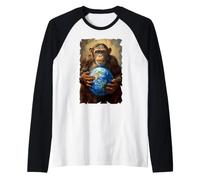 Scimpanzé Holding Terra Pianeta Mondo Primate Scimmia Maglia con Maniche Raglan