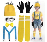 Scinzene Minions - Set completo di 6 pezzi, berretto giallo con occhiali di protezione Steampunk, bretelle, papillon, calzini e guanti per carnevale, Halloween, feste e cosplay