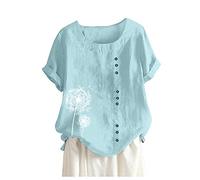 Sciolto Tanic Daily Plus T-Shirt Blusa Boho Towns Lino Casual Bottoni Size Camicetta da donna Vestito neon da donna, Azzurro, XXL