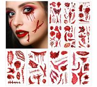SCIONE 10 Fogli Tatuaggio Halloween cicatrice adesivi,Adesivi per il viso di Halloween per adulti,Tatuaggi temporanei di Halloween con trucco finto di crosta di sangue