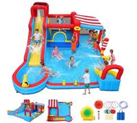 Scivolo gonfiabile 15 in 1 castello gonfiabile parco acquatico con scivolo lungo e grande piscina, snack con tettuccio parasole, mini scivolo, nebbia spray e cannoni ad acqua per bambini, giardino