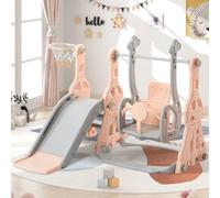 Scivolo per Bambini 4-in-1, Scivolo da Interno ed Esterno, Parco Giochi per Bambini con Canestro da Basket, Scaffale e Altalena, per Bambini, Rosa, Blu