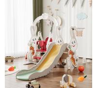 Scivolo per Bambini 4 in 1, Scivolo per Interni ed Esterni con Altalena, Cestino da Basket e Scala Arrampicata, Tema Coniglio, per Bambini da 1 a 6 Anni (Bianco Coniglio)