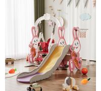 Scivolo per bambini 4 in 1, Scivolo per interni ed esterni, con altalena, cestino da basket e scala da arrampicata, tema coniglio, per bambini da 1 a 6 anni (rosa coniglio)