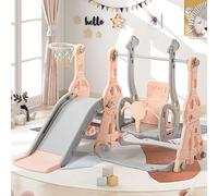 Scivolo per bambini, 4 in 1, Scivolo per interni ed esterni, con altalena, cestino da basket e scala da arrampicata, area giochi per bambini da 1 a 6 anni (rosa)