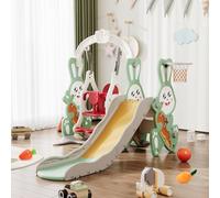 Scivolo per bambini 4 in 1, Scivolo per interni ed esterni, con altalena, cestino da basket e scala da arrampicata, tema coniglio, per bambini da 1 a 6 anni (verde coniglio)