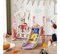 Scivolo per bambini 4 in 1, scivolo per l'aspetto del coniglio, set per altalena e scivoli per bambini, con altalena, scorrevole, supporto da basket - palla, rosa