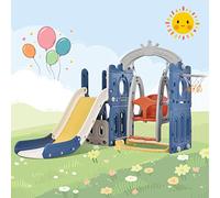 Scivolo per bambini 5 in 1 con cestino da basket, bambino altalena scivoli autoportanti, parco giochi al coperto ed esterno, kit di gioco da arrampicata indipendente (blu B)