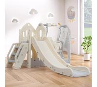 Scivolo per bambini 5 in 1, per interni ed esterni, per bambini dai 3 ai 6 anni, con scivolo, arrampicata, vano portaoggetti, altalena e canestro da basket, scivolo per bambini, scivolo da giardino