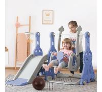 Scivolo per bambini con altalena, 4 in 1, scivoli per interni ed esterni, per bambini con altalena regolabile in altezza, scala, cestino da basket, carico max. 45 kg, blu