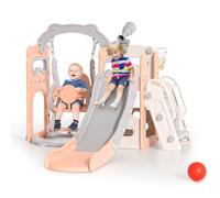 Scivolo per bambini, scivolo per bambini piccoli indipendente con canestro da basket, attrezzatura per parco giochi con scivolo per bambini, scivoli per bambini all'aperto (Beige Rosa- 6 in 1)