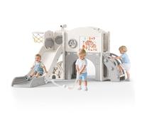 Scivolo per bambini, scivolo per bambini piccoli indipendente con canestro da basket, attrezzatura per parco giochi con scivolo, scivoli all'aperto (Beige Grigio-8 in 1)