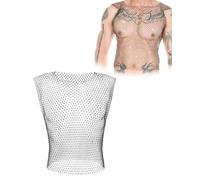 SCJJZ sexy Canotta da uomo con strass,57cm maglia trasparente, rete da pesca scintillante, vestito da rave, festival, crop top da uomo,club, festa,maglia da pesce,sexy,muscolo,maglietta corta
