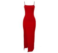 SCLEROPAGES Abito da donna, da cocktail, lungo, sexy, con spalline sottili, maxi abito da sera stretto con spacco, elegante, senza maniche, con orlo a balze, Rosso 1, L