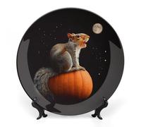 Scoiattolo seduto sulla luna di zucca stampato Bone China Piatto decorativo in ceramica con espositore per la decorazione della parete domestica, Stile:, 6inch