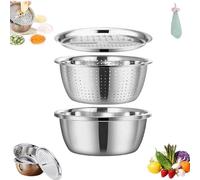 Scolapasta 3 in 1, in acciaio inox, set con coperchio e asciugamano, scolapiatti multifunzionali, impilabili, bacino in acciaio inox con grattugia (24 cm)
