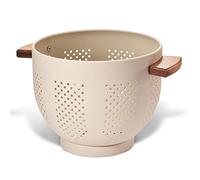 Scolapasta in Metallo con Manico in Legno, 22 cm, Rivestimento in Polvere di Sicurezza Alimentare, Grande Colapasta da Cucina con Base Stabile, Perfetto per Pasta, Frutta, Verdura (Giallo Sabbia)