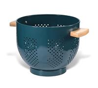 Scolapasta in Metallo con Manico in Legno, 22 cm, Rivestimento in Polvere di Sicurezza Alimentare, Grande Colapasta da Cucina con Base Stabile, Perfetto per Pasta, Frutta, Verdura (Verde Scuro)