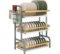 Scolapiatti 2/3- Livelli Sopra Lavello, Asciugapiatti In Acciaio Carbonio Con Vassoio Scolo, Supporto Per Bacchette E Portacoltelli, Ripiano Cucina Per Risparmio Spazio(Green Gold,W21"(3 Tier))