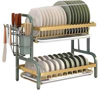 Scolapiatti 2/3- Livelli Sopra Lavello, Asciugapiatti In Acciaio Carbonio Con Vassoio Scolo, Supporto Per Bacchette E Portacoltelli, Ripiano Cucina Per Risparmio Spazio(Green Gold,W17"(2 Tier))