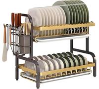 Scolapiatti 2/3- Livelli Sopra Lavello, Asciugapiatti In Acciaio Carbonio Con Vassoio Scolo, Supporto Per Bacchette E Portacoltelli, Ripiano Cucina Per Risparmio Spazio(Black Gold,W21"(2 Tier))