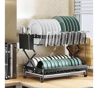 Scolapiatti 2 Livelli Per Piano Cucina, Grande Asciugapiatti, Multifunzionale Pieghevole Per Ciotola Piatto Tazza