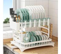 Scolapiatti a 2 livelli, scolapiatti bianco con vassoio antigoccia, scolapiatti in acciaio inox, scolapiatti con tazza, porta utensili e tagliere, scolapiatti per lavello per piano di lavoro della