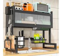 Scolapiatti a 2 livelli con coperchio per lavello da cucina, salvaspazio, colore: nero, tipo push-pull, 105 cm, perfetto per riporre e drenare i piatti.
