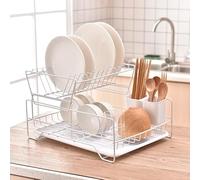 Scolapiatti a 2 livelli con scolapiatti, cestino per posate e vassoio antigoccia, scolapiatti salvaspazio in metallo, per cucina (blu e bianco, 43 x 34 x 26 cm)