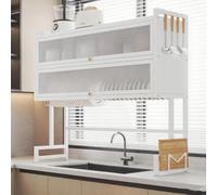 Scolapiatti a 2 livelli di grande capacità, robusto, multifunzione, organizer per lavello da cucina con coperchio (bianco, doppio strato, 75 cm)