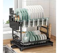 Scolapiatti a 2 livelli, scolapiatti nero con vassoio antigoccia, scolapiatti in acciaio inossidabile, scolapiatti con tazza, porta utensili e tagliere, scolapiatti antiruggine per piano di lavoro