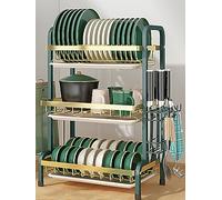 Scolapiatti a 2 ripiani con vassoio antigoccia e porta utensili, scolapiatti da cucina per piano di lavoro, scolapiatti in elegante finitura verde oro
