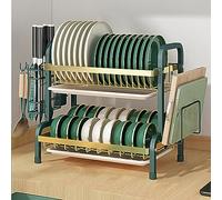 Scolapiatti a 2 ripiani con vassoio antigoccia e supporto per sille, scolapiatti da cucina, in verde dorato per un'efficiente nizzazione e asciugatura dei piatti