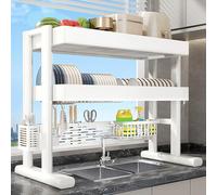 Scolapiatti a 2 ripiani, in acciaio al carbonio, regolabile, per piatti, pentole, padelle e pentole, di grandi dimensioni per una comoda asciugatura