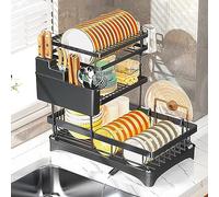 Scolapiatti a 2 ripiani in acciaio inox con vassoio antigoccia e beccuccio girevole, scolapiatti per lavello da cucina, supporto per sill, scarico automatico per un'asciugatura efficiente