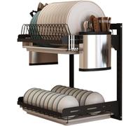 Scolapiatti a 2 ripiani in acciaio inox da posizionare sopra il lavello, salvaspazio, espandibile, organizer da cucina con porta utensili, colore nero, perfetto per un'asciugatura efficiente e una
