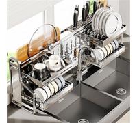 Scolapiatti a 2 ripiani in acciaio inox, organizer salvaspazio per lavello da cucina, 68 x 18 x 32 cm