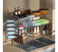 Scolapiatti a 2 ripiani in acciaio inox per lavello multiuso, gancio e scolapiatti salvaspazio organizer da cucina 80 x 25,5 x 60 cm argentoSoluzione di archiviazione durevole ed elegante