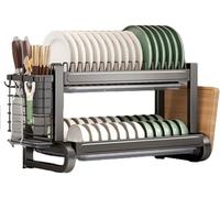 Scolapiatti a 2 ripiani in acciaio inox per sopra il lavello, include vassoio antigoccia e portaposate, ad alta capacità di carico, salvaspazio