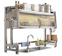 Scolapiatti a 2 ripiani, scolapiatti da cucina, in acciaio inox 304, con coperchio per un'organizzazione efficiente del bancone, scolapiatti sopra il lavandino, multifunzionale