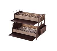 Scolapiatti a 2 ripiani, scolapiatti dal design moderno Hasir, in plastica senza BPA, con cestino per posate, 6 ganci e 2 vaschette per scolapiatti - 50 x 30 x 34 cm (marrone/beige)