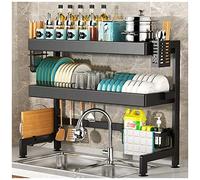 Scolapiatti a 2 ripiani sopra il lavello, in acciaio inox, per bancone della cucina, grande, multifunzione, nero