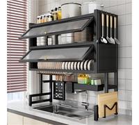 Scolapiatti a 3 livelli con coperchio, salvaspazio, in acciaio al carbonio, organizer da cucina, grande ripiano multifunzionale per un'organizzazione efficiente (nero 6)
