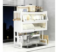 Scolapiatti a 3 livelli da posizionare sopra il lavello, con doppio | Scolapiatti da appoggio sopra il lavello, resistente e laccato effetto pianoforte, con 3 ripiani e doppio coperchio, design