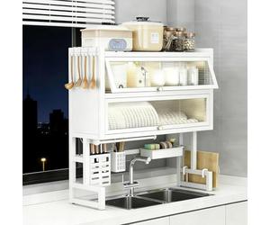 Scolapiatti a 3 livelli da posizionare sopra il lavello, con doppio | Scolapiatti da appoggio sopra il lavello, resistente e laccato effetto pianoforte, con 3 ripiani e doppio coperchio, design