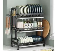 Scolapiatti a 3 ripiani da 52 cm, con vassoio antigoccia rimovibile, in metallo antiruggine, scolapiatti da cucina, supporto per coltelli e tagliere, salvaspazio, lavello